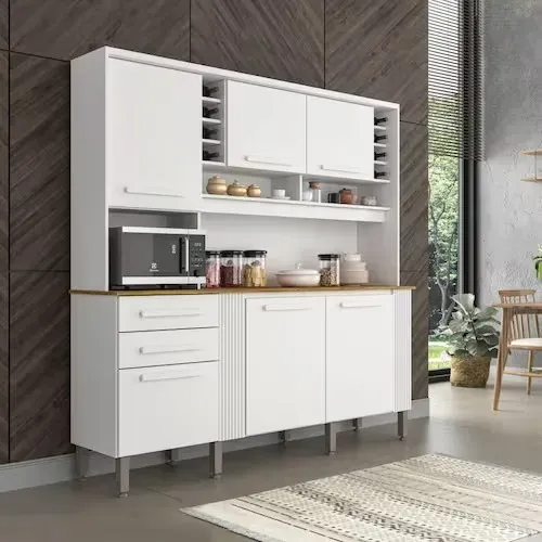 Armário De Cozinha Grande 2 Metros Branco/Branco Ripado Na Madeira Nincho Para Bebida 
