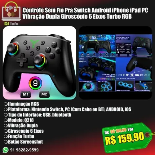 Controle Sem Fio Beboncool Pra Switch Androiid iPhone iPad PC Vibração Dupla Giroscópio