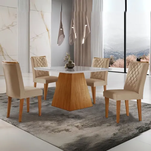 Mesa Luna 90 Canto Copo Imbuia/Ripado/Off White com 4 Cadeiras tt43