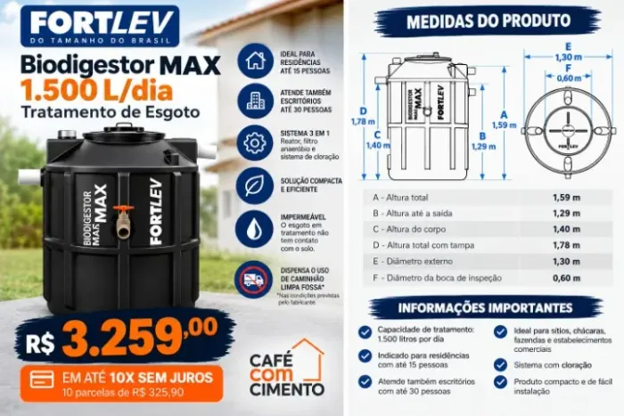 Biodigestor MAX Fortlev - Tratamento de Esgoto 1.500 L/dia