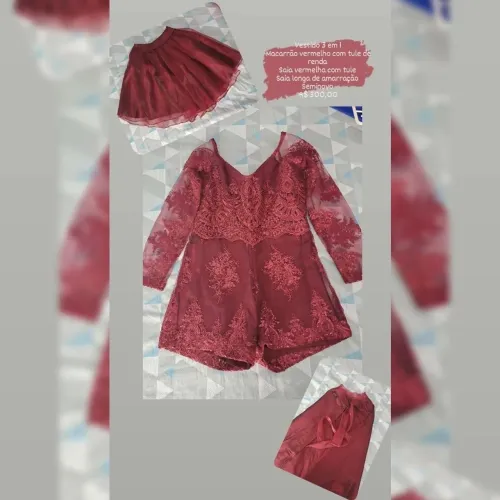 Vestido 3 em 1 Macacão vermelho com tule de renda, saia vermelha com tule, saia longa 