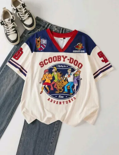 SCOOBY-DOO X SHEIN Camiseta Feminina Estampada de Decote em V Plus Size