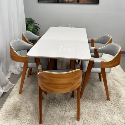 Mesa de Jantar Bali 160x80cm com Vidro e 6 Cadeiras Perola em Linho Madeira Minas Plac