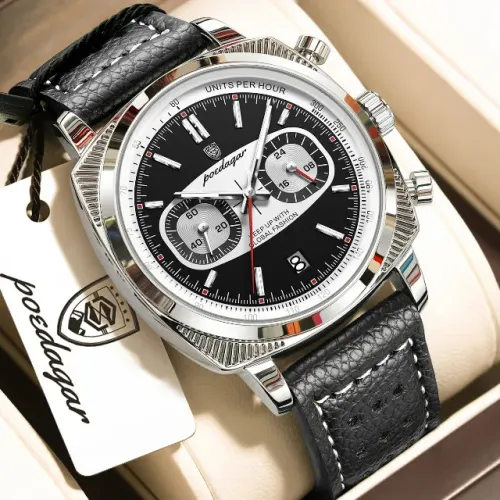 Relógio Masculino Poedagar Dominium Chrono Silver Cronógrafo Aço Inox Pulseira de Couro