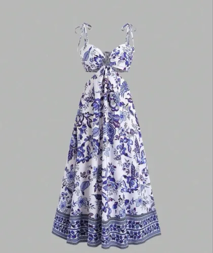 Vestido Longo Floral Azul e Branco 