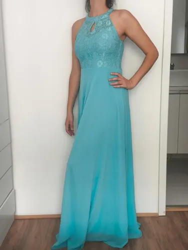 Vestido de Festa Azul-Turquesa com Renda - Tam. M - usado 2x