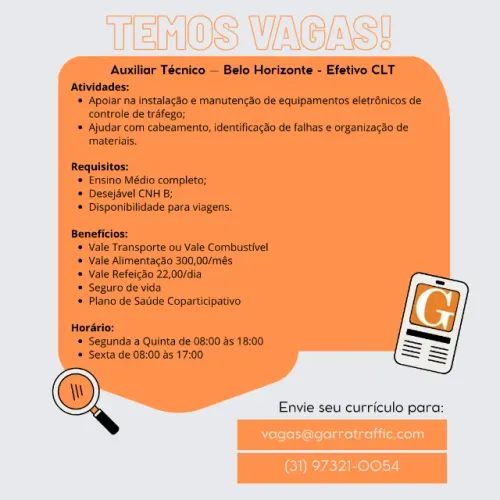 Vagas Abertas Auxiliar Técnico e Ajudante Operacional - BH