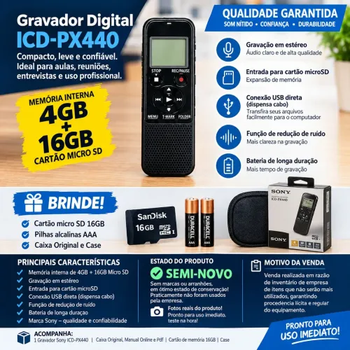 Gravador Digital Sony ICD-PX440 - Semi-Novo (Na Caixa+Case)