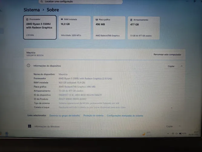 Notebook Ryzen 5 16GB RAM