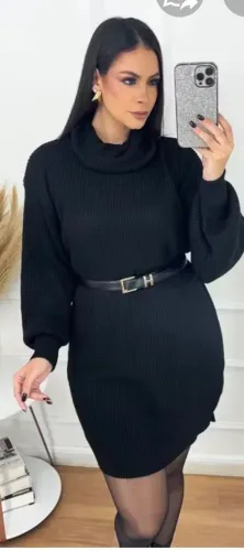 Vestido feminino gola alta manga bufante