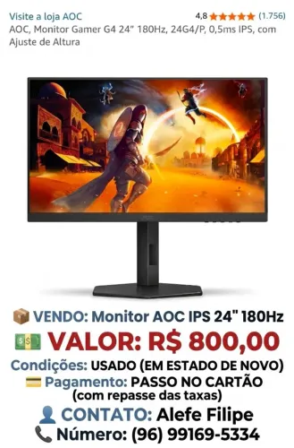 AOC, Monitor Gamer G4 24? 180Hz, 24G4/P, 0,5ms IPS.