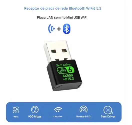 Adaptador USB WiFi 6 Bluetooth 5.3 Dongle AX900 2.4/5GHz Alta Velocidade Novo Loja Coimbra