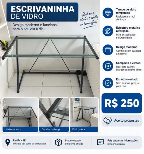 Mesa com tampo de vidro para escritório