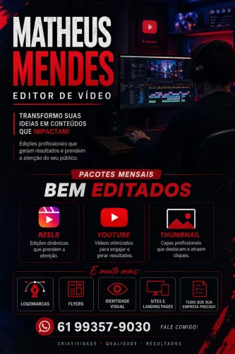 Editor de Vídeo Profissional | Reels, YouTube, Thumbnails e Design