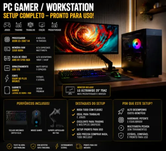 PC GAMER / WORKSTATION COMPLETO - RX 5700 + 32GB RAM + SSD 1TB + ULTRAWIDE
