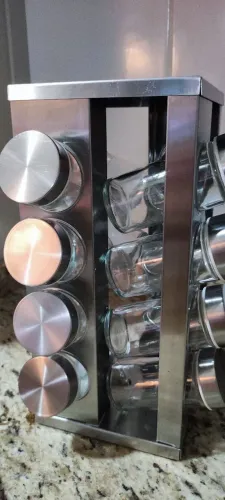 Porta Tempero Condimento Giratório Inox + 16 Potes De VIDRO Oferta