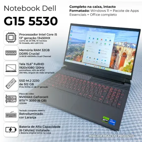Notebook Dell G15 5530 Core i5 13450HX - 32GB RAM - SSD 512GB - RTX3050 6GB - Bateria 6c