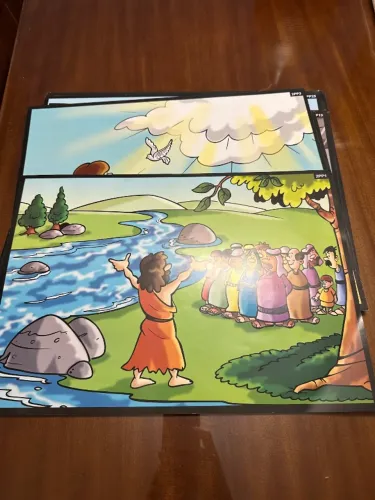 Livro do professor e recursos visuais com 48 cenas coloridas para as histórias bíblicas