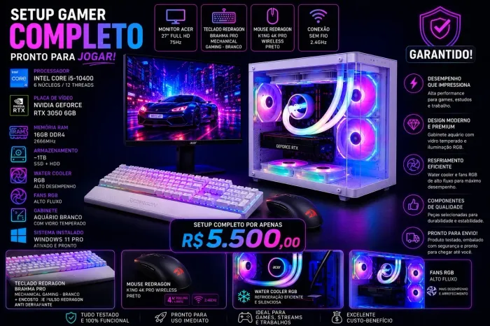 PC Gamer Completo i5 + RTX 3050 | 16GB RAM | SSD 1TB | Impecável
