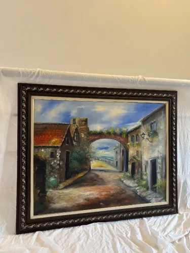 quadro vintage paisagem com moldura de madeira