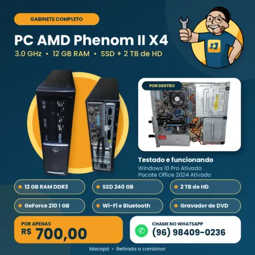 PC Desktop AMD Phenom II X4 945 | 12GB RAM | SSD 240GB + 2TB HD | Windows 10 Pro