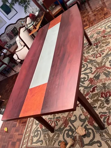 MESA DE JANTAR VINTAGE EM MADEIRA MACIÇA | RADICA + VIDRO | 1,80 m MESA DE JANTAR VINTAGE