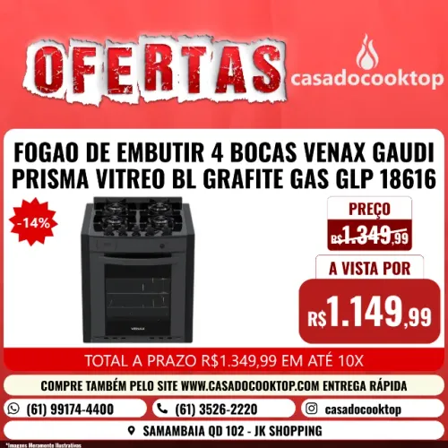 FOGAO DE EMBUTIR 4 BOCAS VENAX GAUDI PRISMA VITREO BL GRAFITE GAS GLP 18616