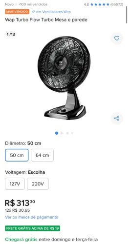 Ventiladores WAP, com unidade identificada em 220 Volts