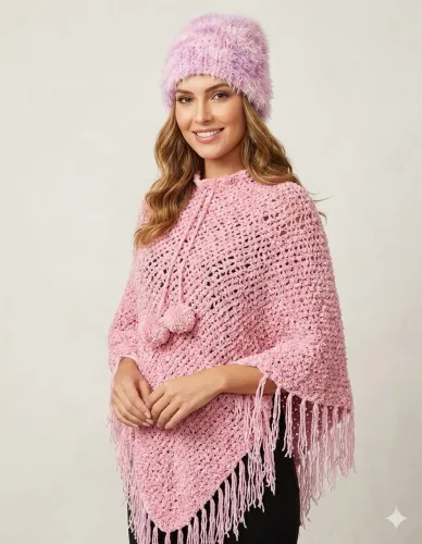 Poncho tricô tam P / M  rosa com touca
