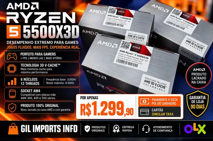 PROCESSADOR AMD RYZEN 5 5500X3D - 6 NÚCLEOS / 12 THREADS - 3D V-CACHE NOVO LACRADO