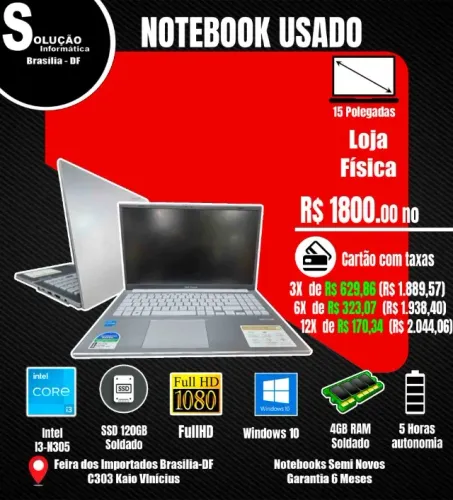 Notebook Asus Intel Core I3-N305 4GB RAM SSD 120GB Windows 10 15* Polegadas