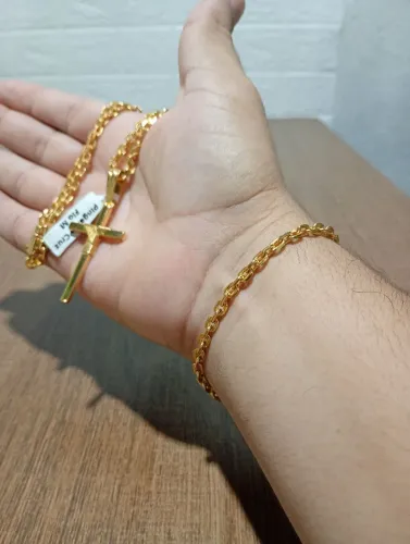 Kit Corrente + Pulseira Peruano + Pingente Cruz Banhado a ouro 18k 