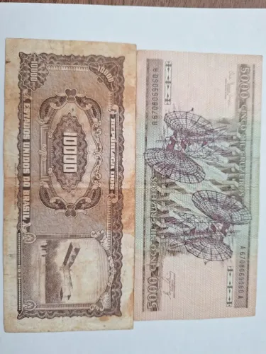 CÉDULAS ANTIGAS DE 5000 CRUZEIROS E 10000 CRUZEIROS EM BOM ESTADO SANTOS DUMONT E CASTELO