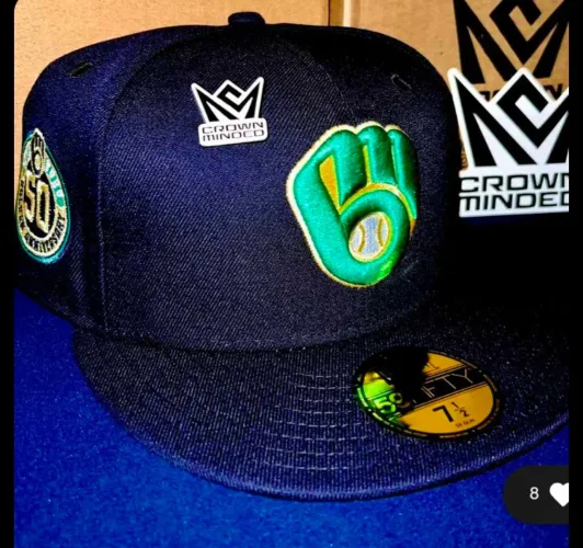 NEW ERA MILWAUKEE BREWERS 7 1/2 CROWN MINDED EXCLUSIVE. 50 YEAR SP TURN BACK THE CLOCK