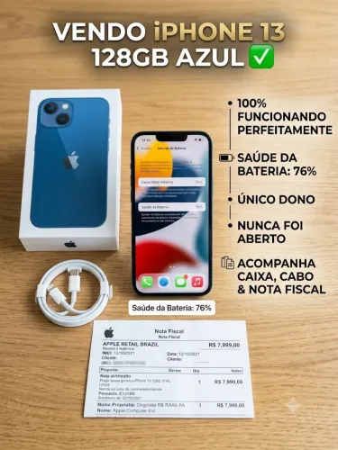 iPhone 13 Azul 128GB - Único Dono, Completo com Caixa e Nota Fiscal