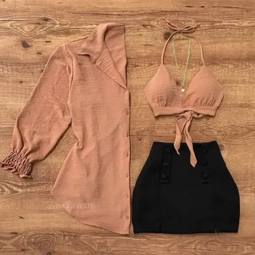 Conjunto Feminino 3 Peças - Camisa, Cropped e Saia | Casual Elegante | Moda Feminina