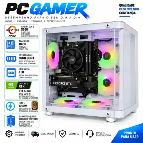 PC Computador Gamer Ryzen-5 5500 B450 16gb DDR4 Ssd 1tb Rtx 5060 8gb - Option Soluções