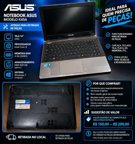 Notebook ASUS K45A ? PARA RETIRADA DE PEÇAS