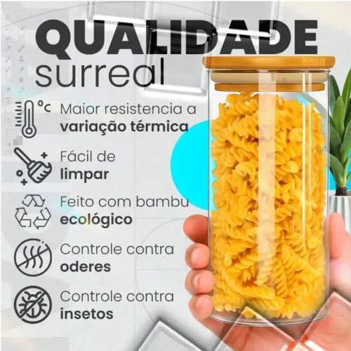 Potes Herméticos de Vidro 1000ml com Tampa de Bambu para Mantimentos
