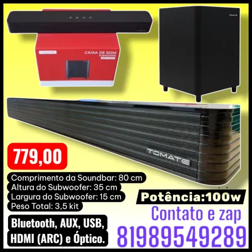Soundbar com Subwoofer tomate 100w<br>Subwoofer: Alt. o cm lcm