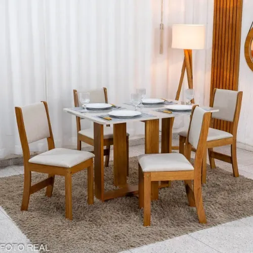Mesa de Jantar Noor Mel 120×80 c/ 4 Cad. Sol Linho Bege Frete Grátis - Até 12x S/ Juros