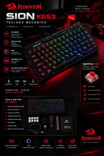 ? Teclado Mecânico Redragon Sion K653 RGB - Tri Mode