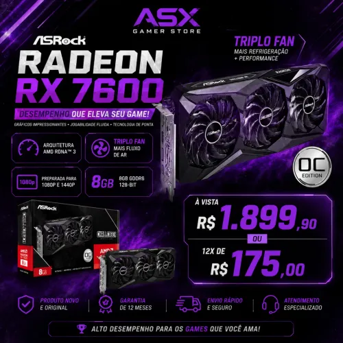 Placa de vídeo RX7600 8GB Asrock triplo fan