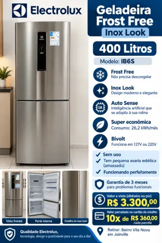 Geladeira/Refrigerador NOVA Electrolux Inverter, Inverse e Frost Free- inox 400 L-Bivolt