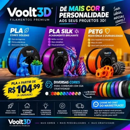 Filamento 3D PLA, PLA Silk e PETG 1kg | Várias Cores | Voolt3D