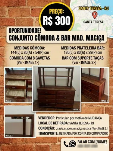 Oportunidade! Cômoda e prateleira tipo bar rústica de madeira maciça 
