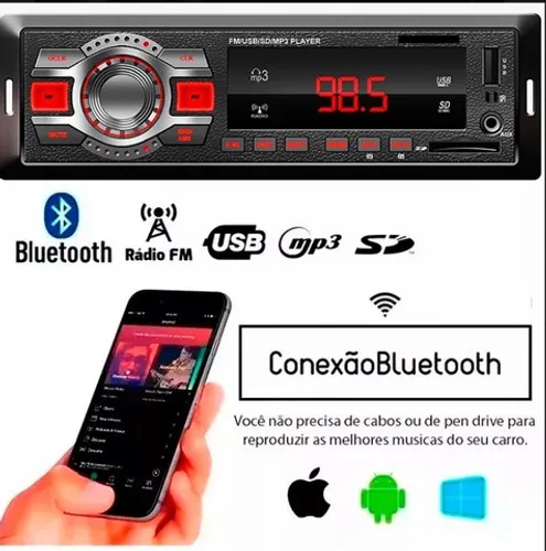 AUTO RÁDIO BLUETOOTH MP3, SD CARD, USB, RCA, FM, CLOCK, LCD
