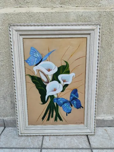 Quadro Decorativo Pintado à Mão - Copos de Leite com Moldura Provençal 57x77cm