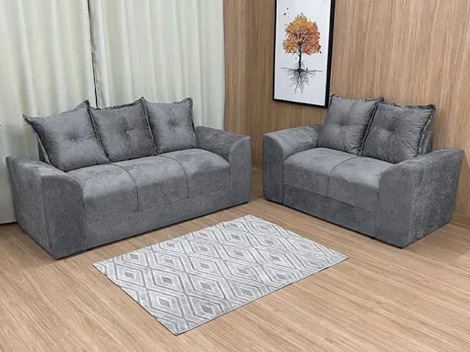 Conjunto de Sofás 3 e 2 Lugares Suede Cinza