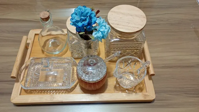 Conjunto de mesa posta em Bamboo e vidro 